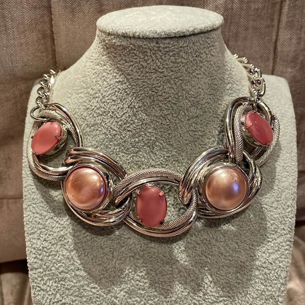 Pink Moon Glow Chunky Choker Necklace 14” Pink and Pearl